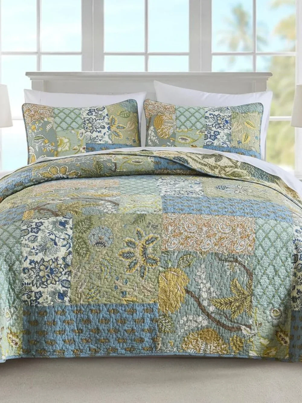 Quilt Set King Size, 100% Cotton Patchwork Green Bohemian Quilt Sets, Reversible